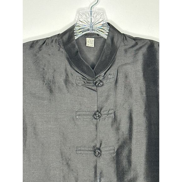 Vintage 100% Thai Silk Jacket Black Mandarin Collar Frog Buttons large - Picture 3 of 14
